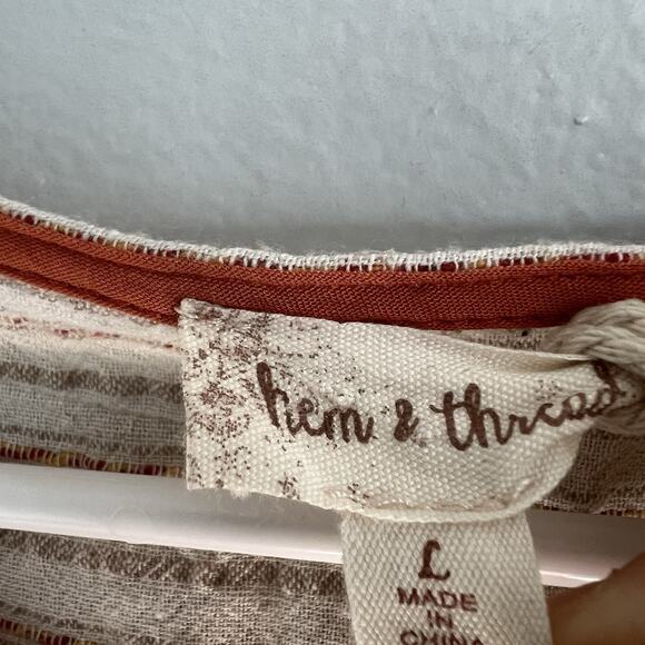 Hem & Thread Boho Peplum Ruffle Long Sleeve Pullover Top Sz L Beige Linen Cotton - Picture 10 of 11